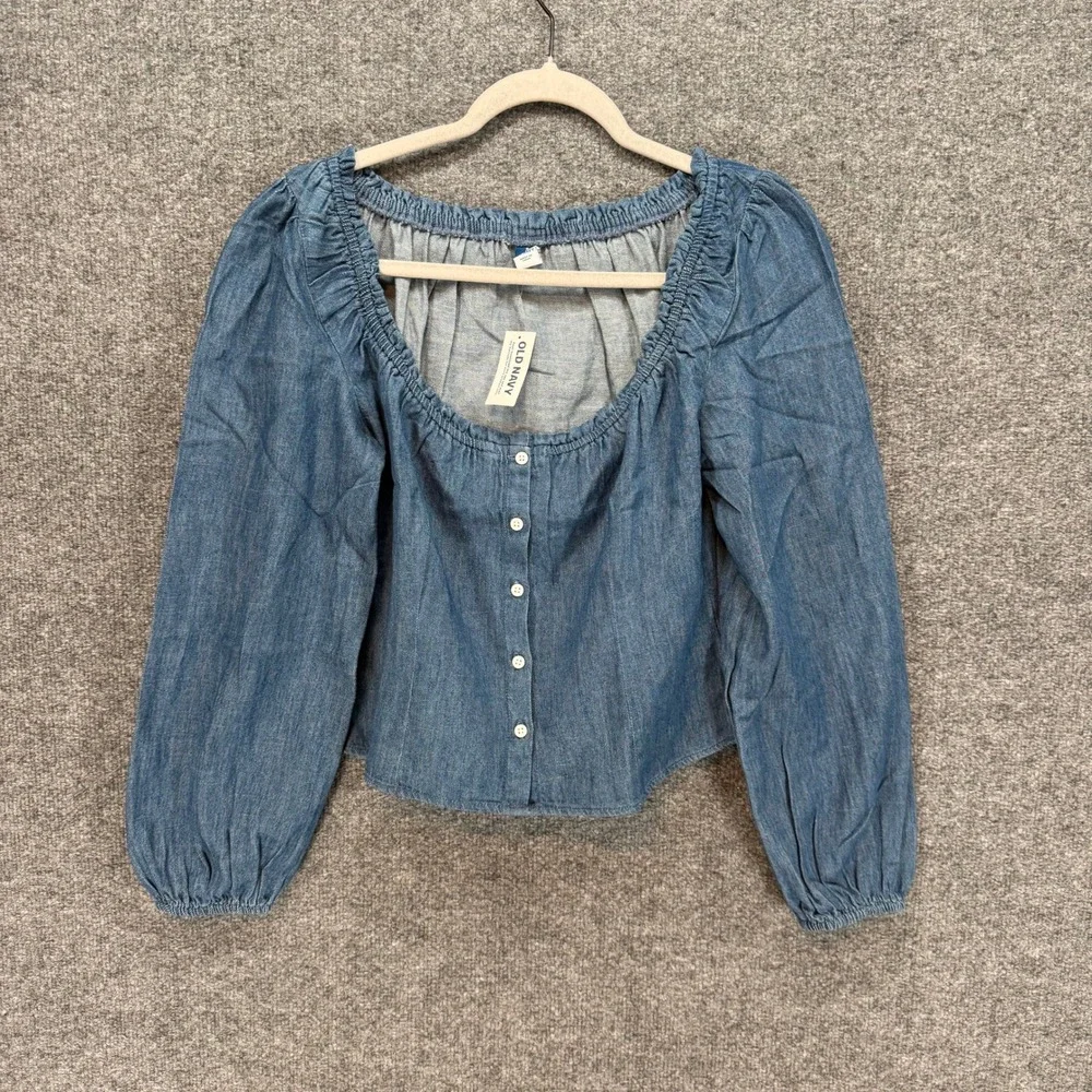 Old Navy Chambray Top Womens Small Blue Ruffle Square Neck Puff Sleeve NEW